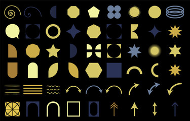 Obraz premium Abstract geometric set icon. Collection of various shapes, spirals, arrows, and decorative elements in gold and blue black background. Modern, minimal, futuristic design elements creative projects