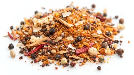 Spice mix, mixed spices isolated, cinnamon sticks, Anise star, cardamom, nutmeg, cloves, red chillies, curry leaves