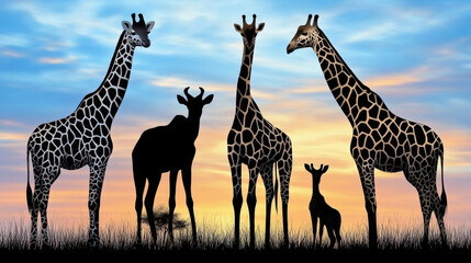 Fototapeta premium African Safari Sunset, Giraffes and Sable Antelope Silhouette