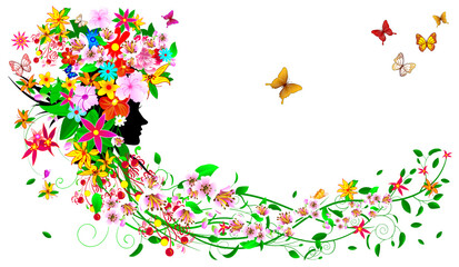 Women with flowers and butterflies. Silhouette of a woman's face among flowers and butterflies. Girl with flowers and butterflies. Girl with flowers and butterflies on her head and in her hair