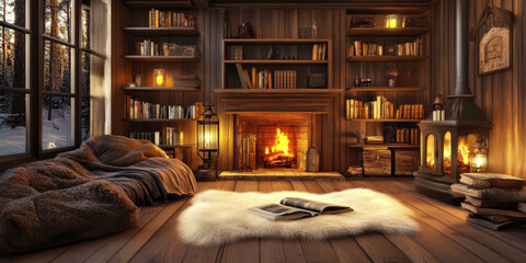 A cozy 3D background of a rustic wooden cabin interior, with a crackling fireplace, warm glowing lanterns, and shelves filled with antique books. A soft fur rug lies on the wooden floor, creating an