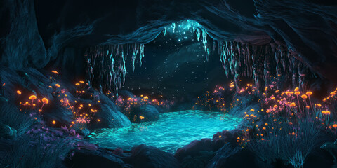Naklejka premium A mystical 3D background of a secret underground cavern filled with glowing mushrooms and bioluminescent vines. A crystalline pool in the center reflects the stars, despite being miles below the