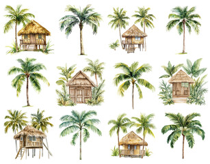 Fototapeta premium Watercolor tropical huts and palm trees set.