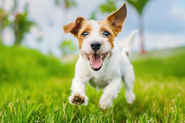 Energetic Dog Joyfully Running on a Green Lawn