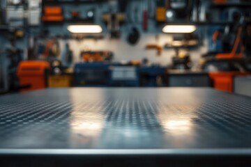 A clean metal tabletop sets the stage for automotive products, with tools and parts blurred in the background