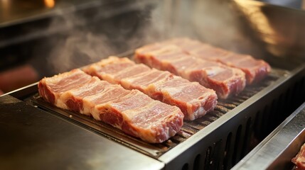 Automated meat cutting machines slicing through thick slabs of pork with precision