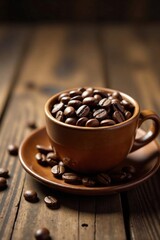 Fototapeta premium Wooden cup filled with coffee beans on a rustic wooden table, coffee beans, breakfast
