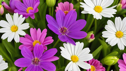 Fototapeta premium Colorful daisy flowers blooming in spring, creating a vibrant floral background