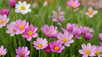 Obraz premium Pink and white flowers blooming in green grass creating beautiful spring landscape