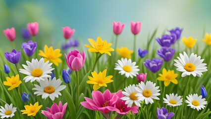 Fototapeta premium Colorful spring flowers blooming in green grass against blurred background