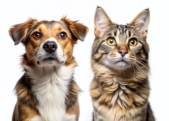 Obraz premium Adorable Dog and Cat Looking Up, Full Body, Isolated on White Background