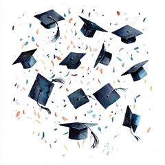 Colorful graduation caps floating in celebration, surrounded by festive confetti, symbolizing academic achievement.