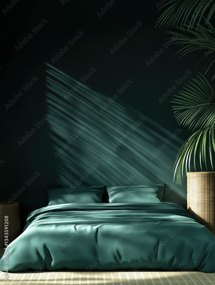 Poster bedroom with a dark green color scheme. the walls are painted black and there is a large palm tree o
