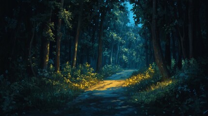 Mysterious Road Through Dark Forest at Night with Moonlight Illuminating Path