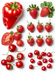 Vibrant Red Fruits & Veggies: Strawberries, Cherries, Tomatoes, and Peppers on White Background - A Culinary Still Life