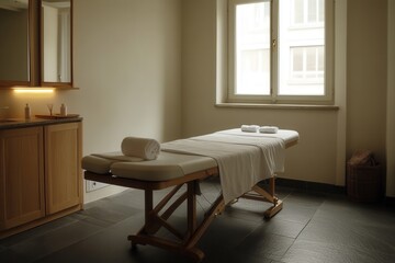 Towels rest on the floor beside a massage table in a calming therapy room