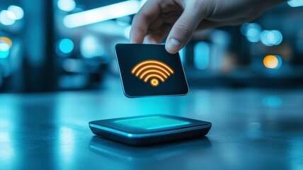 Digital payments contactless security. Modern Hand Holding Wireless Signal Icon for Smart Technology Concept