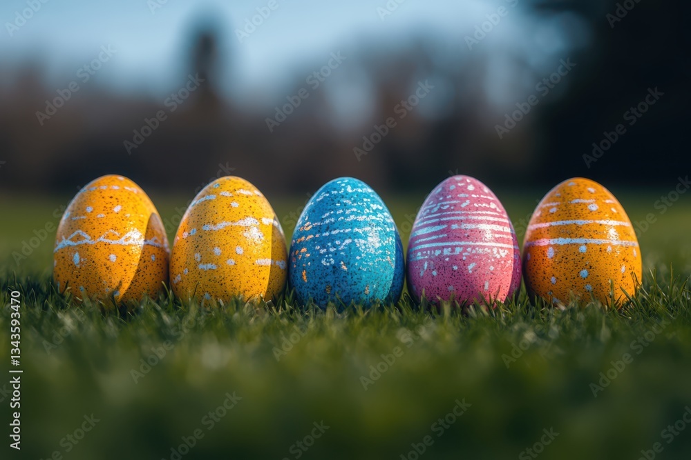 Poster easter chaos depicted with an emphasis on an orange object. various colorful decorations scattered a