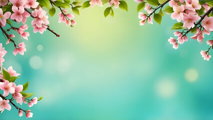 Fototapeta premium Blooming cherry tree branches framing a soft green background