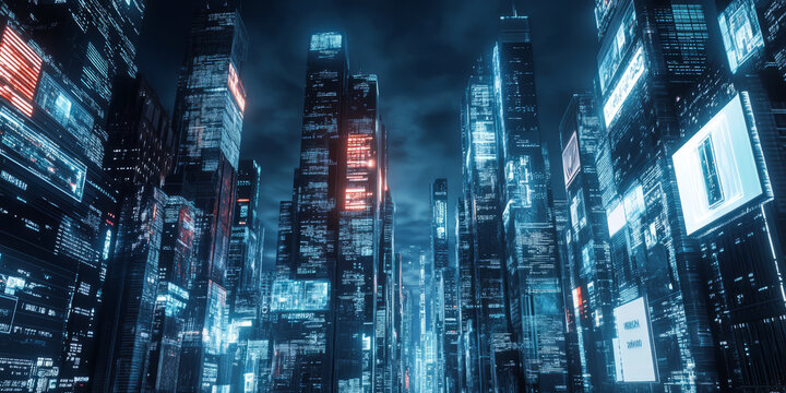 A futuristic 3D background of a robotic metropolis where AI-driven humanoid robots coexist with cybernetic-enhanced humans. Skyscrapers covered in digital screens project daily news updates in a