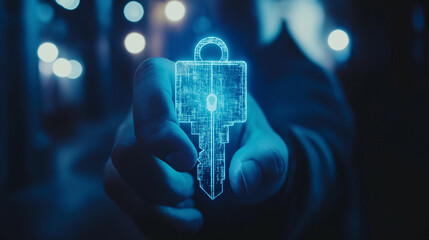 Businessman Holding Digital Key Hologram, Cybersecurity and Data Protection Concept, data protection, cybersecurity, digital key, business security, encryption, privacy management, virtual access, tec