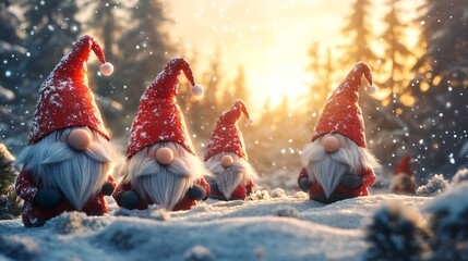 Joyful Christmas Gnomes Spreading Cheer in Snowy Landscape