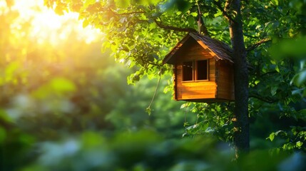 A treehouse built from wooden planks surrounded by lush greenery.