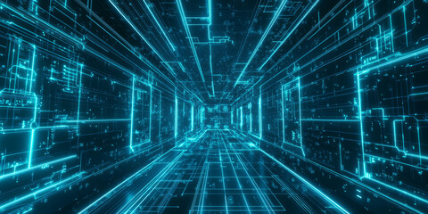 A futuristic 3D background with an intricate network of glowing hexagonal panels seamlessly connected. The neon-blue lights create a high-tech atmosphere, emphasizing the sleek and modern cybernetic