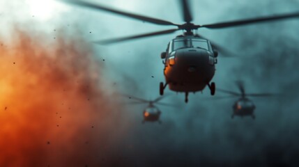 Fototapeta na wymiar A dramatic scene featuring helicopters flying through smoke and flames, evoking a sense of action and intensity.