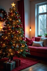 Colorful Christmas tree with ornaments and lights in a cozy room , room, lights