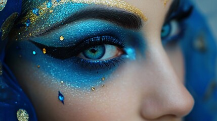 Stunning Woman with Blue Fantasy Make-Up on Eyes in Close-up Shot
