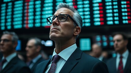 Fototapeta premium A focused businessman gazes upwards in a stock exchange, surrounded by financial data and market indicators, reflecting a moment of contemplation.