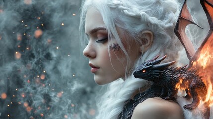 Stylish Young Woman with White Braided Hair and Little Dragon