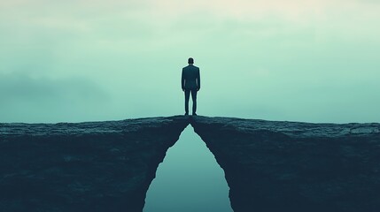 A solitary figure stands at the edge of a chasm, reflecting on the vastness around them in a surreal, atmospheric landscape.