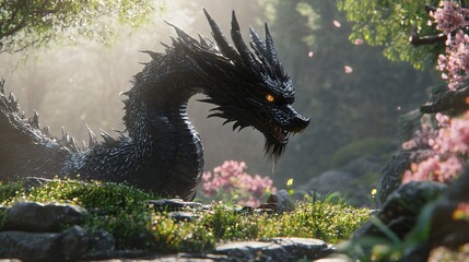 Majestic 3D Render Black Dragon Fantasy Creature in AR View