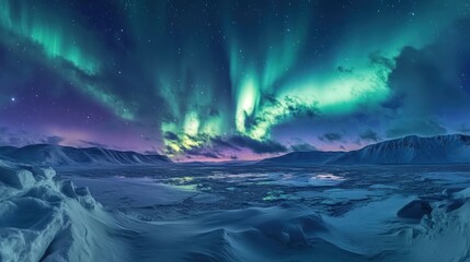 Fototapeta premium Spectacular Aurora Borealis Displaying Over Frozen Arctic Landscape, Nature's Light Show