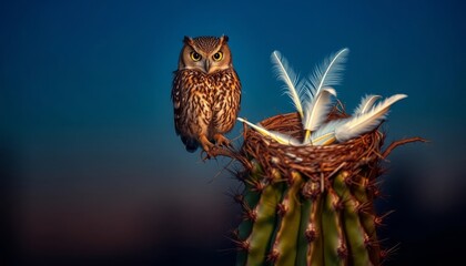 Nocturnal Bird of Prey Perched on a Desert Plant Near an Empty Nest with Feathers