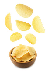 Tasty potato chips falling into bowl on white background