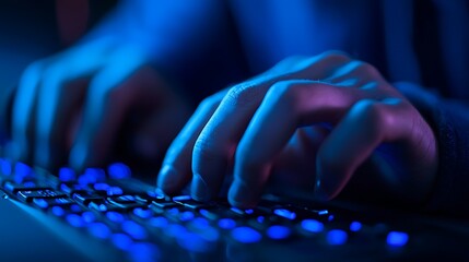 A close-up of hands typing on a backlit keyboard, illuminated by blue light, conveying a sense of focus and technology.