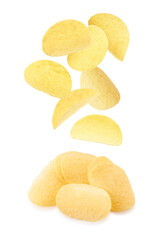 Tasty potato chips falling on white background