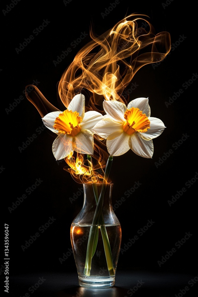 Poster a vase of daffodils transitioning into a glowing sculpture of music notes.