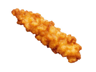 Crispy, golden fried chicken strip with a crunchy texture, showcasing appetizing details and an inviting appearance, Transparent background.