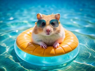 Adorable Hamster Sunbathing on Pool Float: Summer Vacation Fun