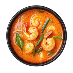A rich, flavorful shrimp dish in a vibrant sauce garnished with herbs and spices, served in a black bowl, Transparent background.