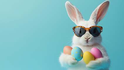 Easter Bunny's Cool Celebration: A chic bunny sports sunglasses, clutching colorful Easter eggs against a striking, inviting backdrop. it's a unique view.