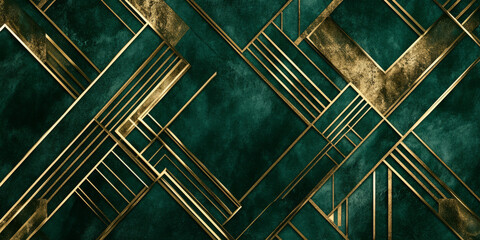 A luxury 3D background featuring an art deco-inspired geometric pattern etched in gold over a deep emerald velvet surface. The rich textures and elegant contrasts enhance the sophisticated visual