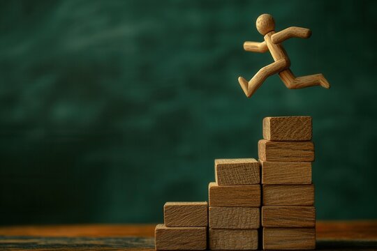 A wooden figure races across stacked blocks, silhouetted against a dramatic dark background