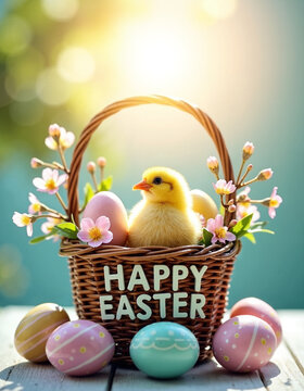 AI generation of small cute chick in the basket with decorated eggs among spring flowers