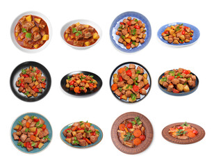 Different cooked stews isolated on white, set. Top and side view