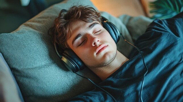 Relaxed young man immersed in musical serenity while resting peacefully on a couch